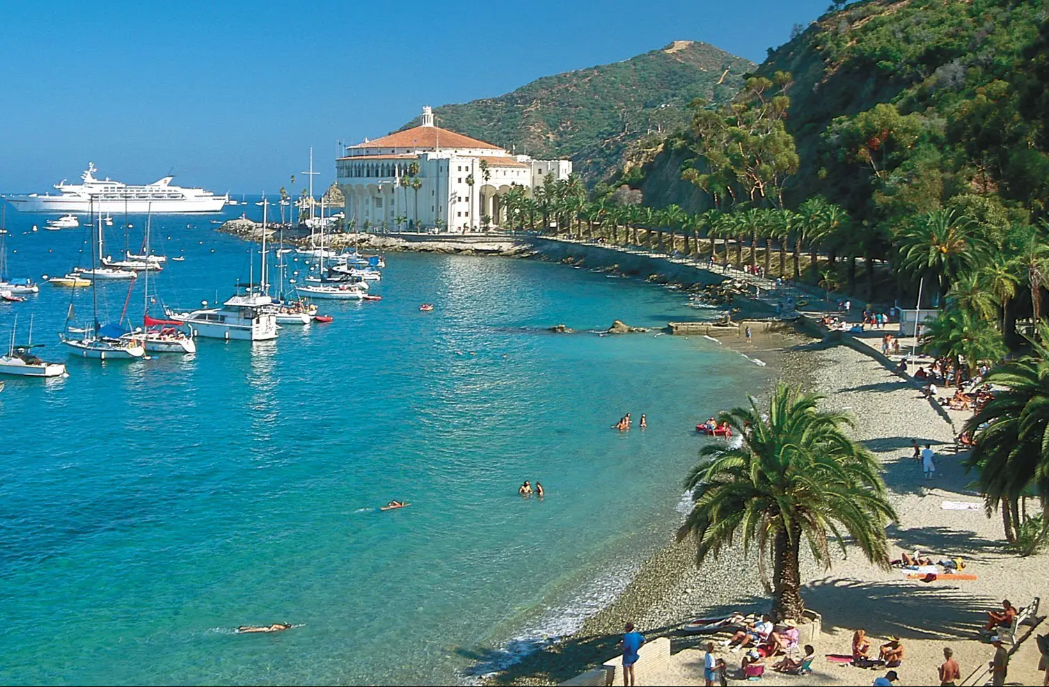 Catalina Island shoreline and harbor water on a clear day.