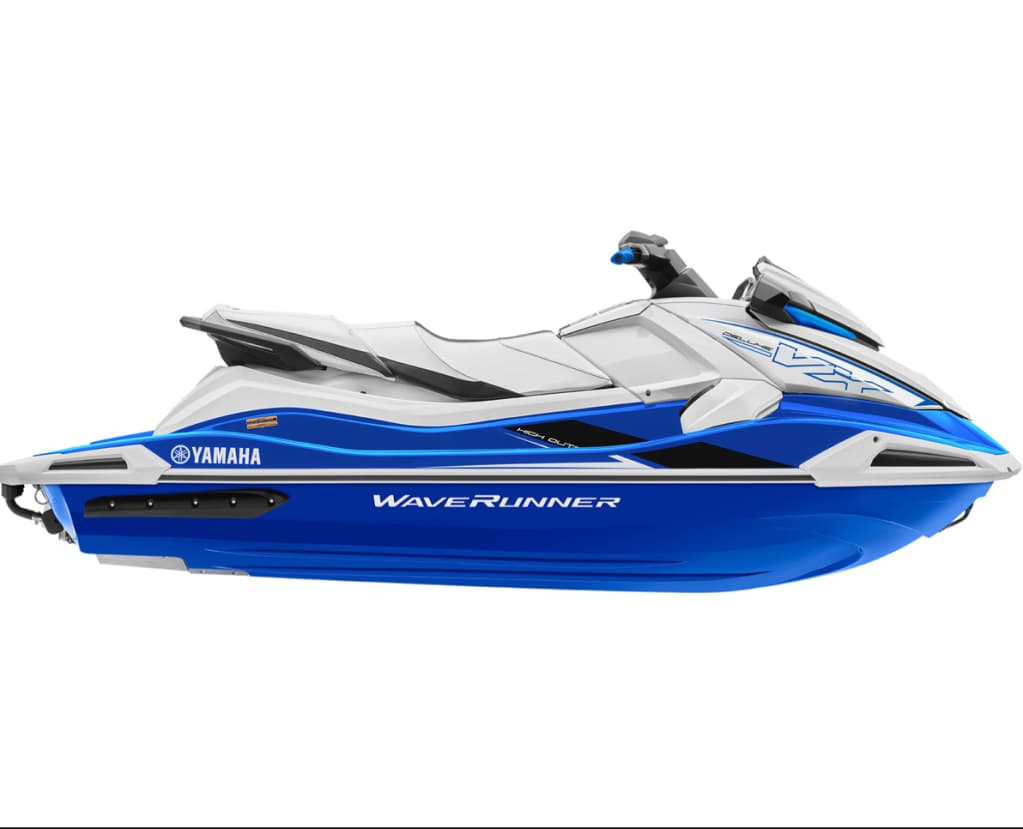 Blue and white Yamaha Waverunner VX Deluxe personal watercraft.